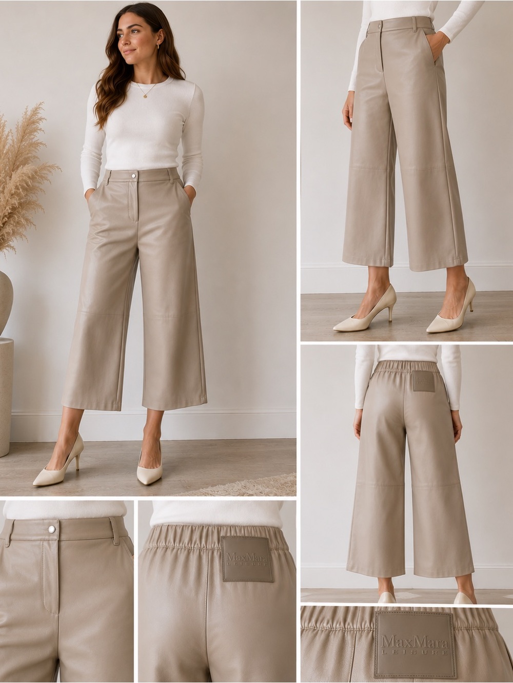 Max Mara Leisure Faux Leather Cropped Wide Leg Pants Beige Size M